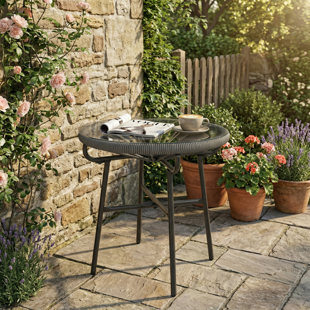 Rattan Side Table, Round Outdoor Table, with Round PE Rattan and Tempered Glass Table Top for Patio, Garden, Dark Grey