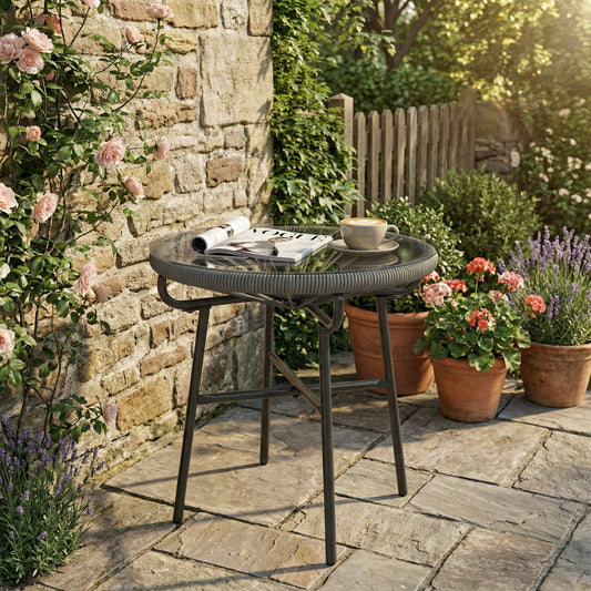 Rattan Side Table, Round Outdoor Table, with Round PE Rattan and Tempered Glass Table Top for Patio, Garden, Dark Grey - Dark Grey