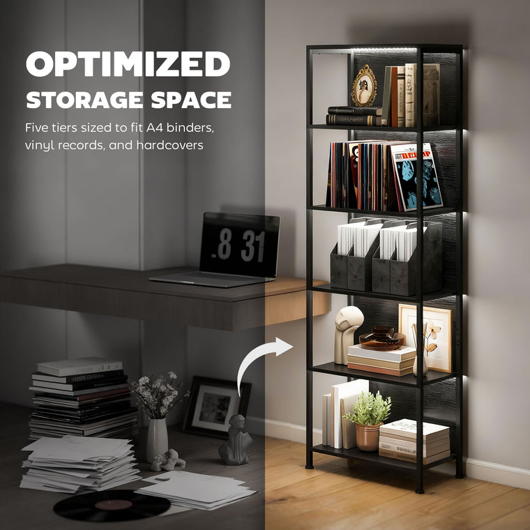 5-Tier Bookshelf with LED Lights - Black