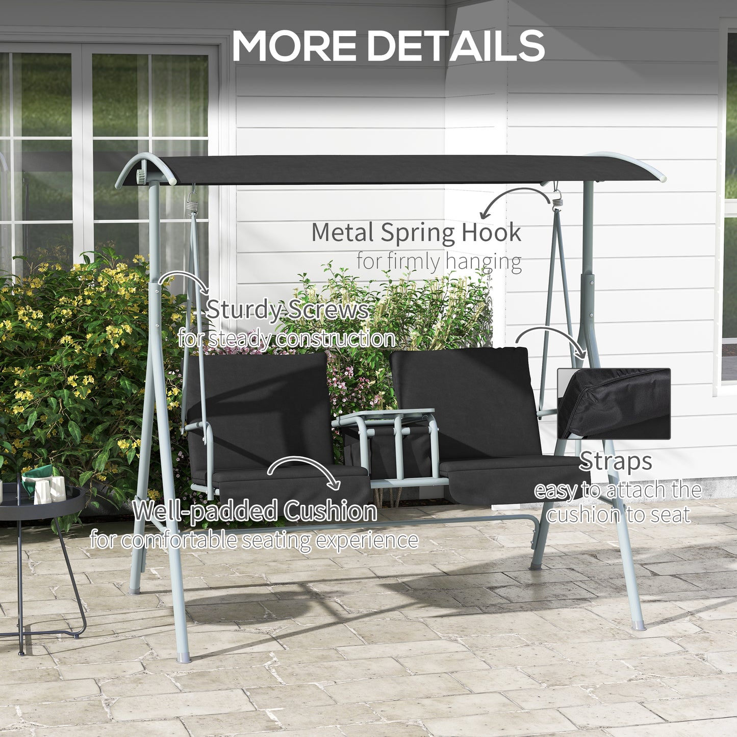 2-Seater Outdoor Porch Swing with Adjustable Canopy and Table, Patio Swing Chair for Garden, Poolside, Backyard, Black