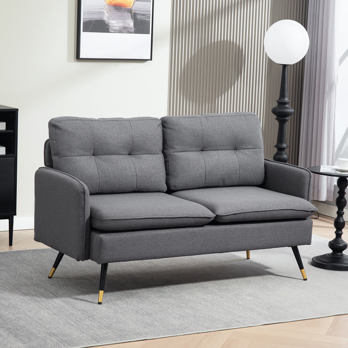 55" Loveseat Sofa, Linen Love Seat w/ S spring, Steel Legs and Button Tufting, Small Couch for Living Room, Dark Grey