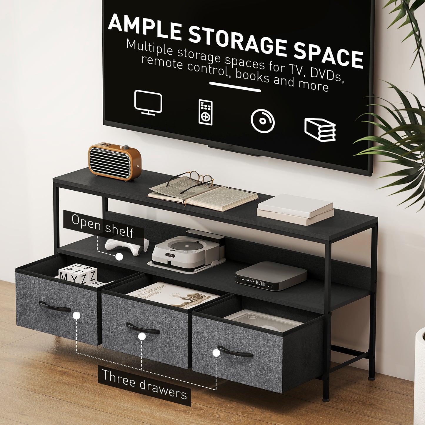 TV Stand with Charging Station, TV Table with 3 Foldable Linen Drawers and Open Shelf for 55 Inch Television, Black