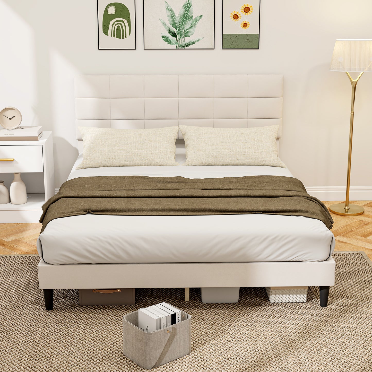 Queen Size Bed Frame with Upholstered Headboard, Modern Platform Bed Frame with Wood Slats, 1100 lbs Capacity, Cream