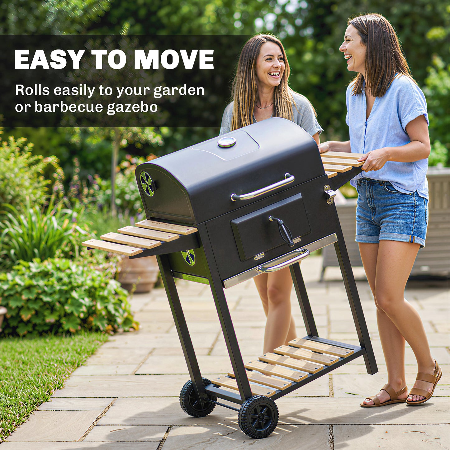 20" Charcoal BBQ Grill Barbecue on Wheels with Adjustable Charcoal Pan, Spacious Cooking Area, 3 Shelves, Thermometer