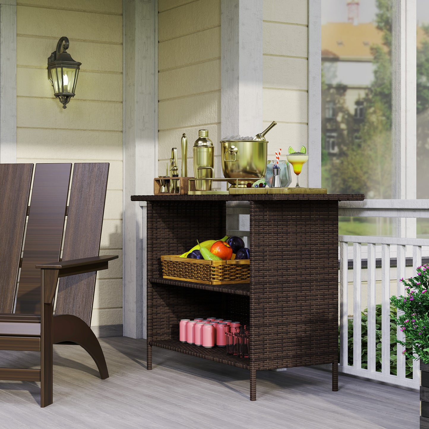 Wicker Outdoor Bar Table, PE Rattan Bar Height Patio Table with 2 Shelves, Steel Frame for Garden, Backyard, Dark Grey