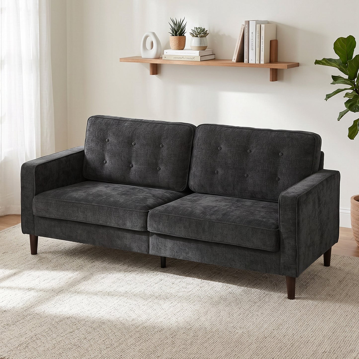 3 Seater Sofa Upholstered with Padded Cushion Modern Button Tufted Couch with Wood Legs, Dark Grey