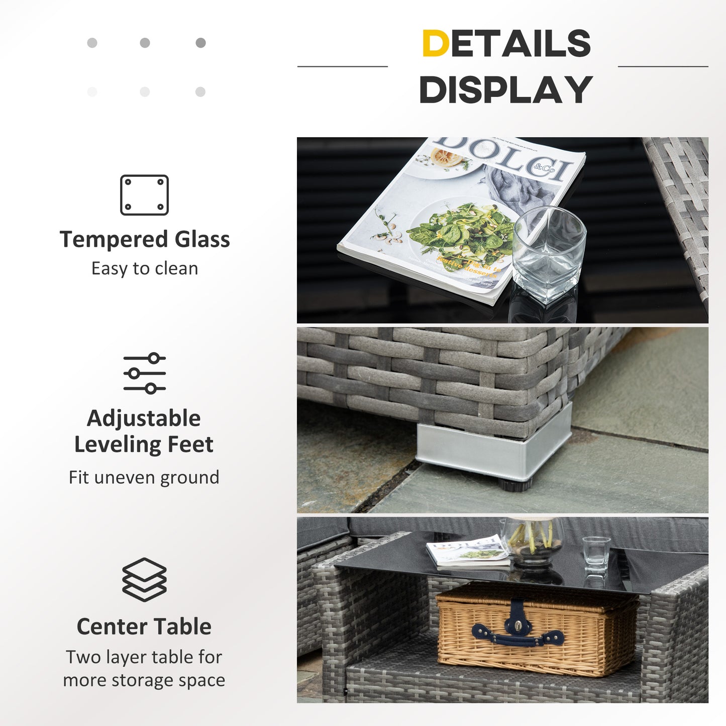 5 Pieces Wicker Patio Furniture Set with 4" Thick Cushions, Outdoor PE Rattan Garden Conversation Sectional Sofa Set with Glass Top Two-tier Coffee Table, Grey