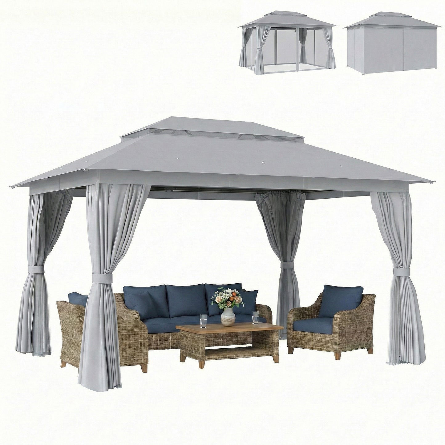 10' x 13' Patio Gazebo, UPF50+ Double Roof Outdoor Gazebo Canopy with Netting and Curtains, Steel Frame, Dark Grey