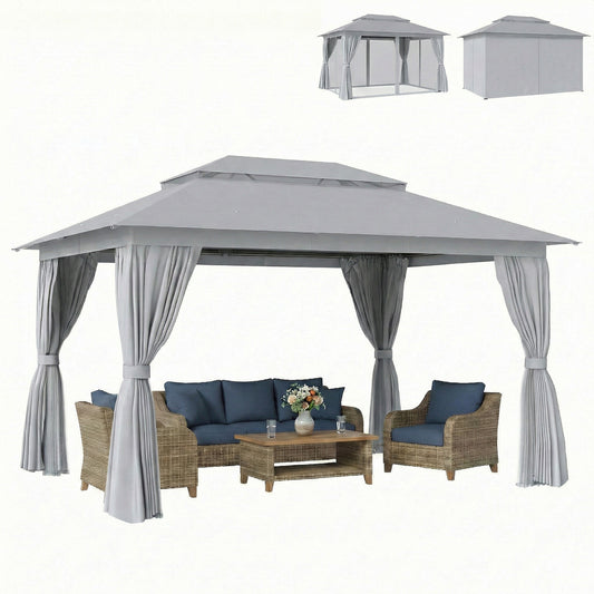 10' x 13' Patio Gazebo, UPF50+ Double Roof Outdoor Gazebo Canopy with Netting and Curtains, Steel Frame, Dark Grey
