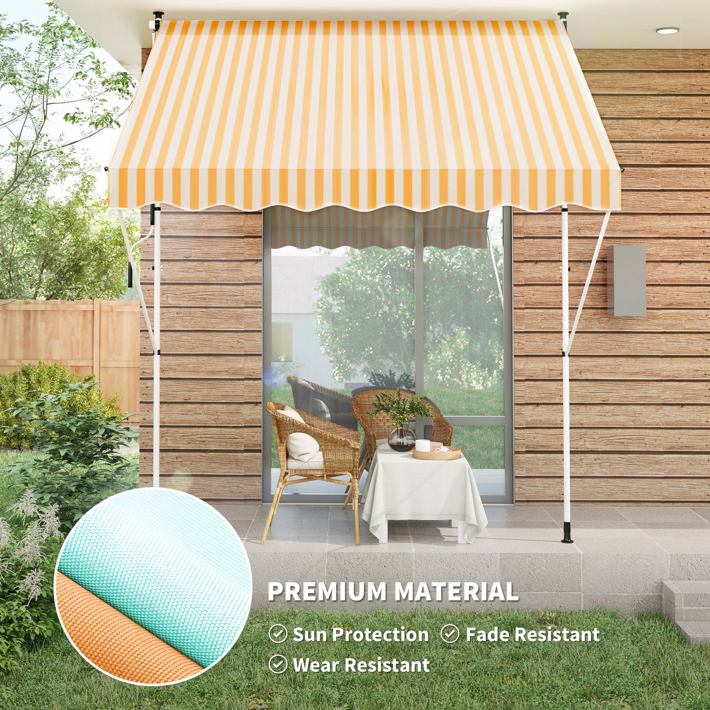 10x5ft Manual Retractable Awning, Patio Sun Shade Canopy Shelter with 5.6-9.2ft Support Pole, Water Resistant UV Protector, for Window, Door, Porch, Deck, Yellow