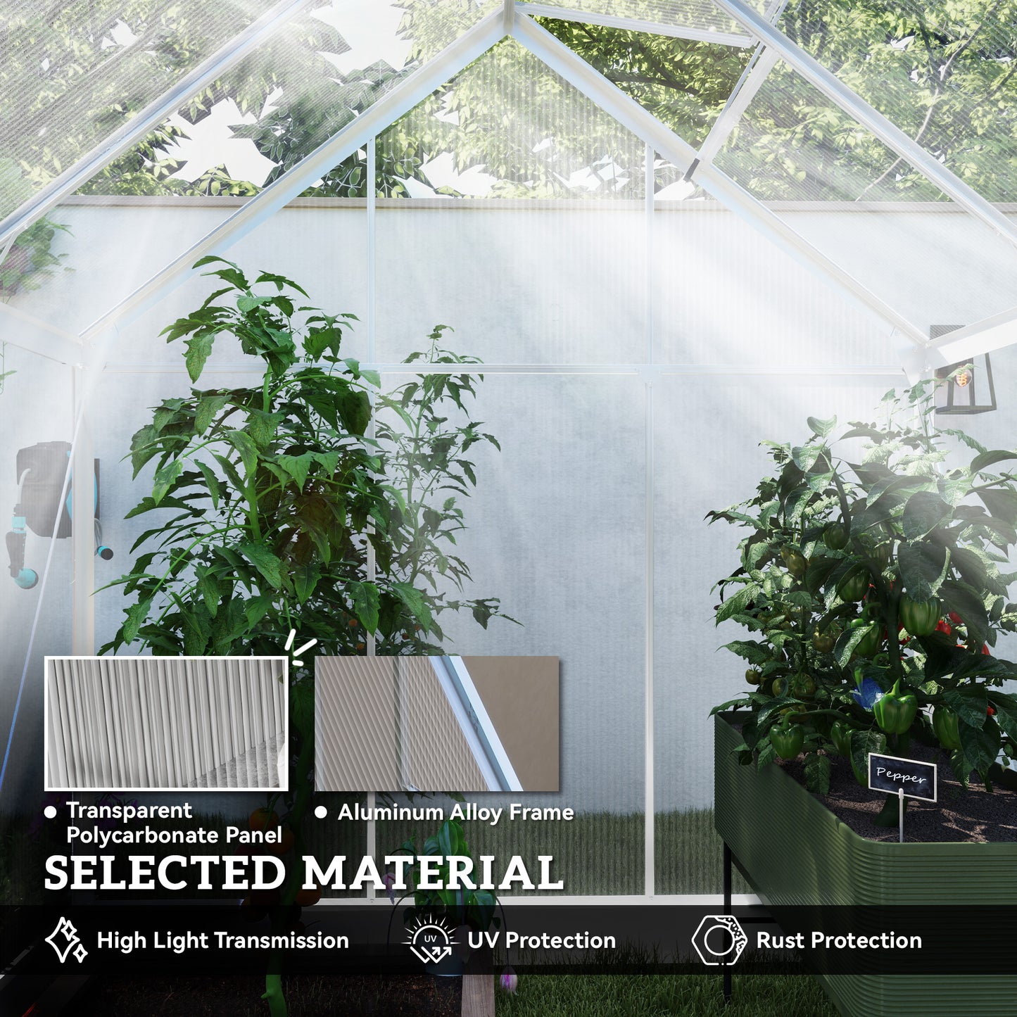 Walk-In Greenhouse, Polycarbonate Greenhouse with Sliding Door, Window, Aluminium Frame, Foundation, Silver