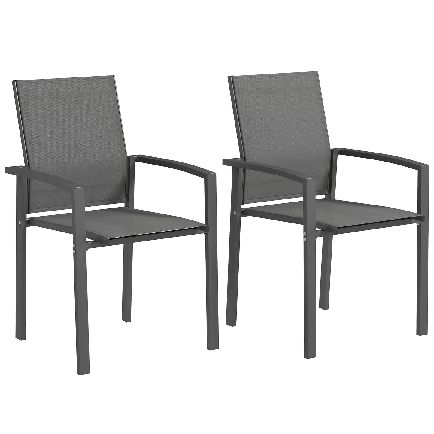 Set of 2 Outdoor Stackable Garden Dining Chairs, Patio Chairs with Breathable Fabric Seat, Armrests and Backrest for Patio, Balcony and Backyard, Dark Grey