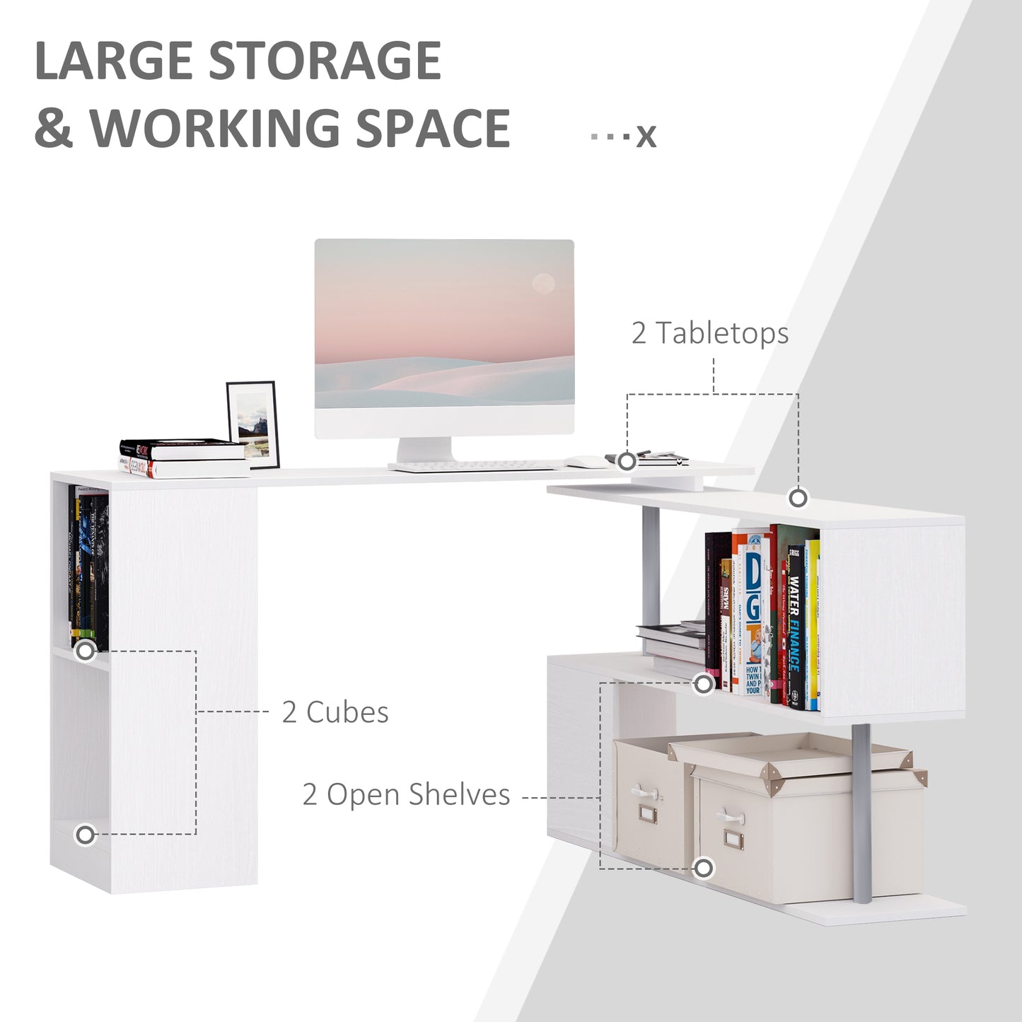 55" Corner Computer Desk, 360° Rotating L-Shaped Desk, Home Office Workstation with 3-Tier Shelves, White