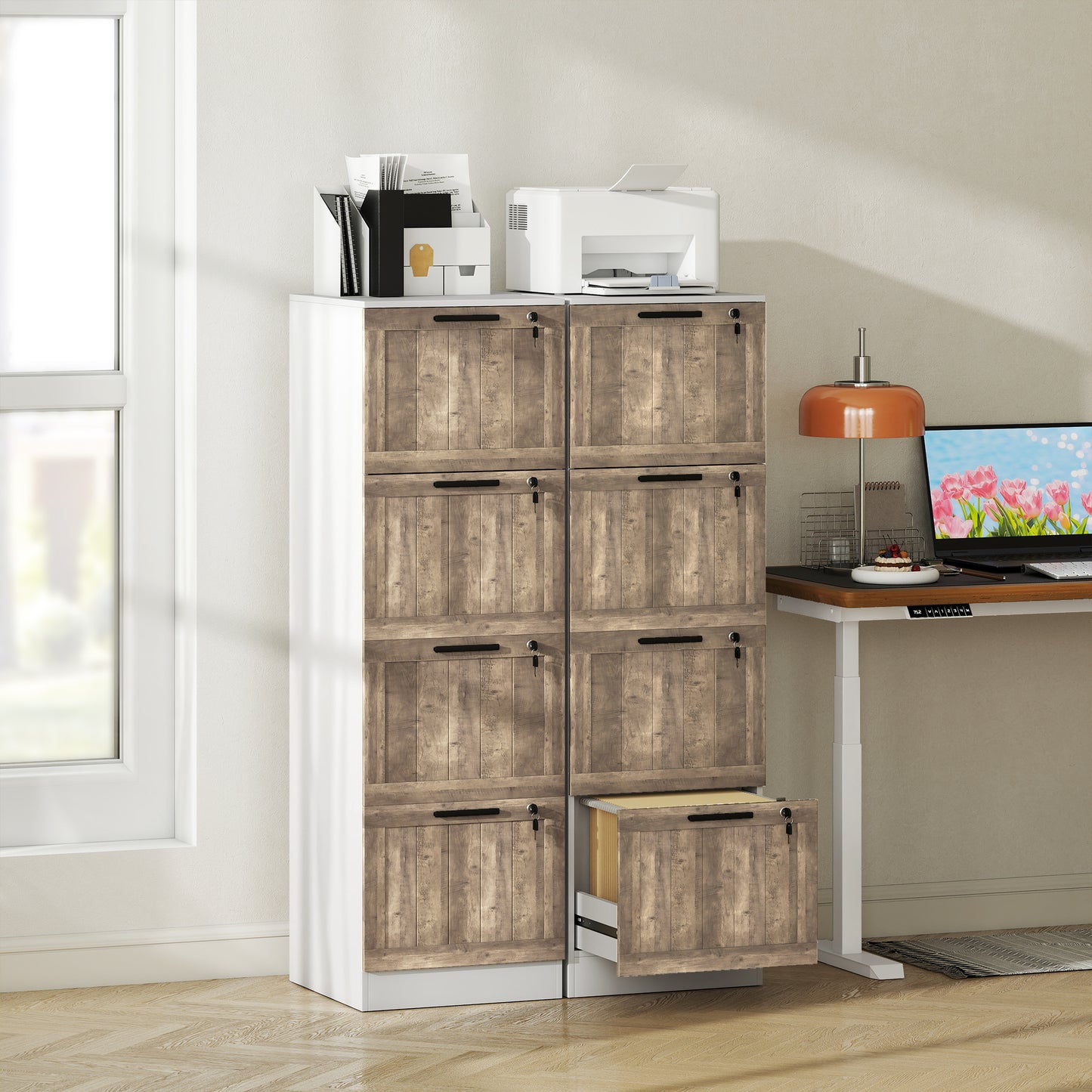 4 Drawer Filing Cabinet, Farmhouse File Cabinet with Lock, Adjustable Hanging Rails for A4 Letter Size Files, White