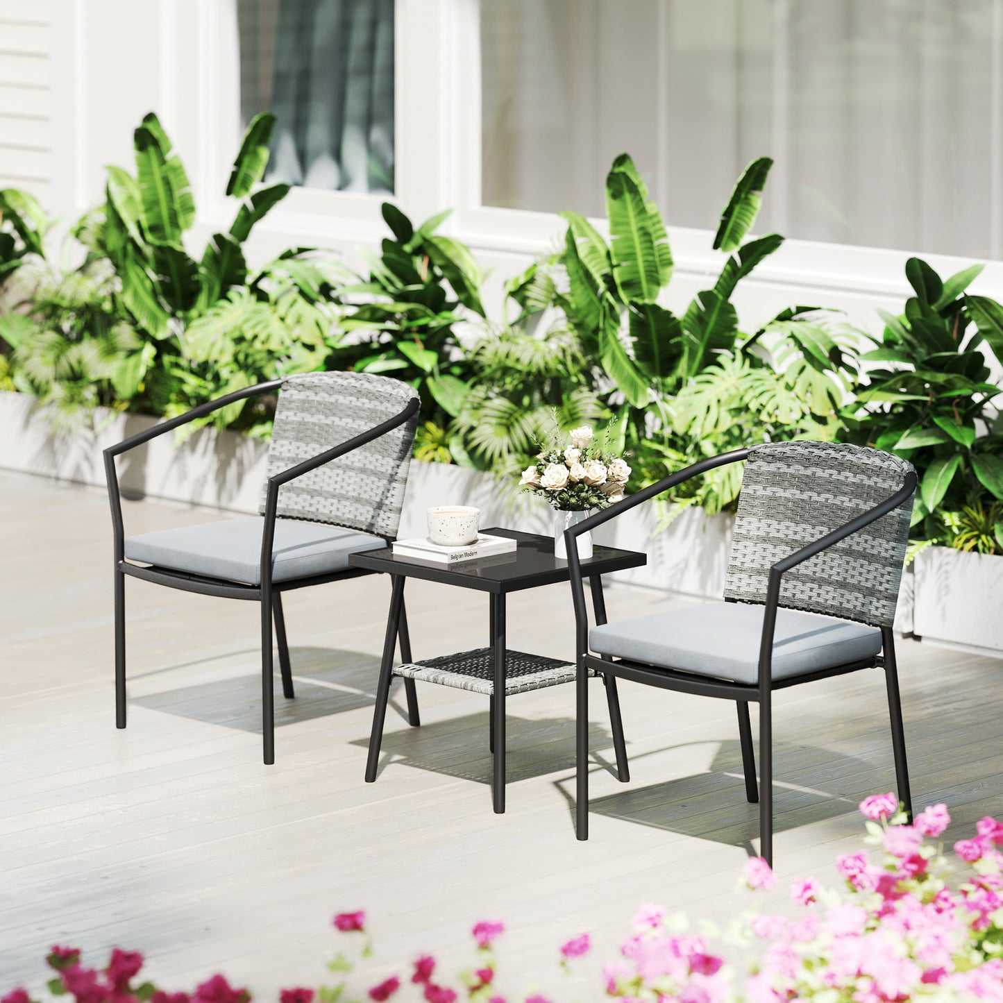 Outdoor Bistro Set, 3 Piece Wicker Patio Furniture Set with Armchairs, 2-Tier Glass Table, Cushions, Dark Grey
