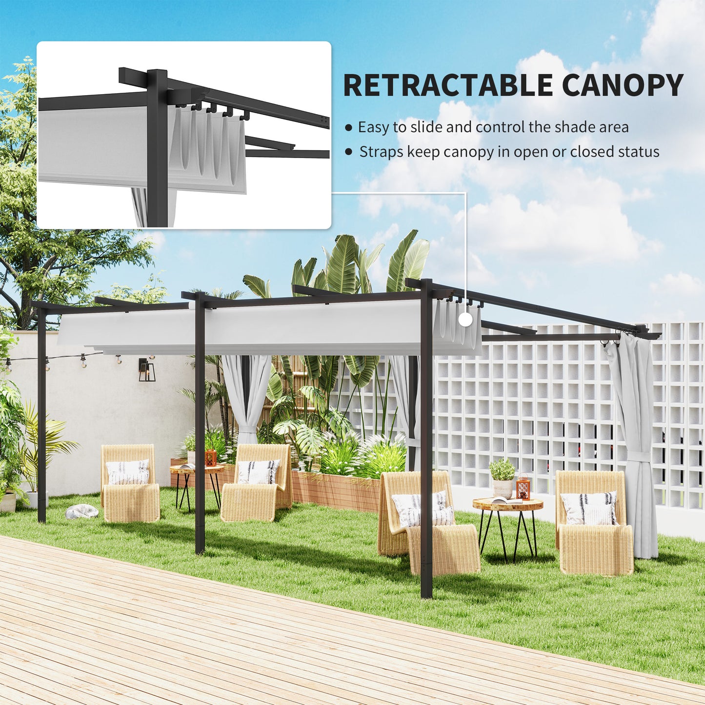 Metal Retractable Pergola Canopy with Sidewalls, Outdoor Gazebo UPF30+ Sun Shade Shelter for Garden, Deck