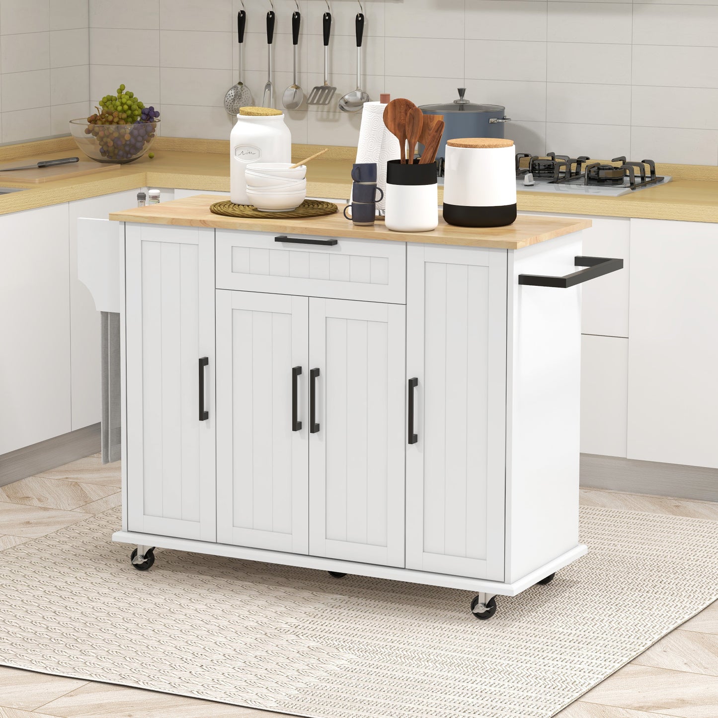 Modern Rolling Kitchen Island Cart with Drawers, Natural Wood Top, Towel Rack, Door Storage Cabinet, White