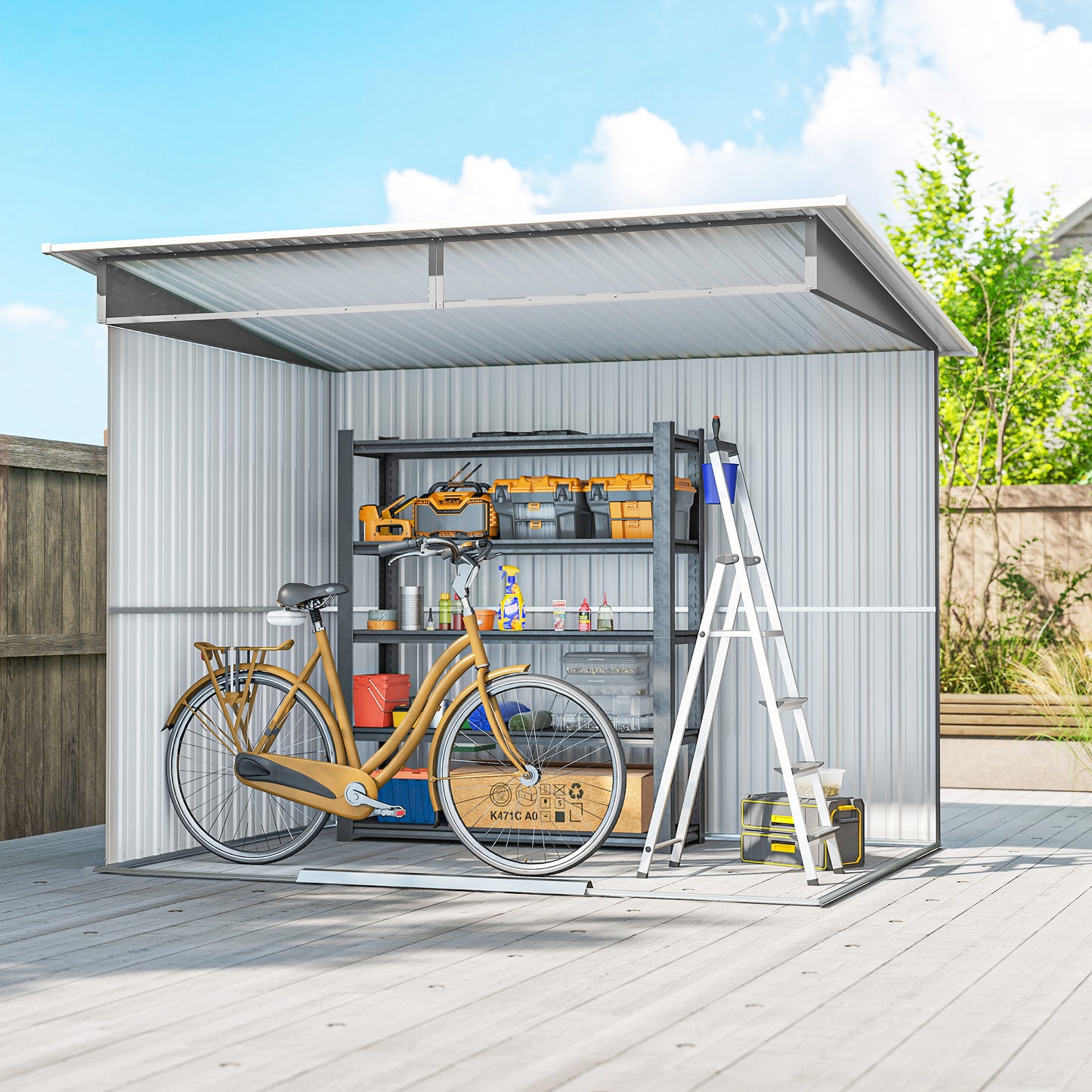 8.5' x 6' Small Gardening Shed Lockable Steel Utility Storage Outdoor Backyard Garden for Gardeners, Grey