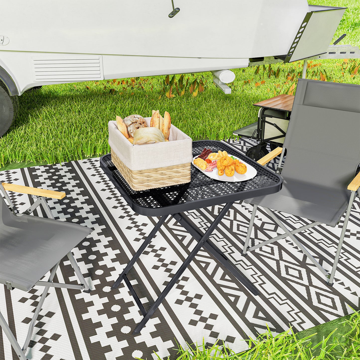 27.5" Square Outdoor Patio Table, Outdoor Folding Table with Grid Rattan-Like Top for Camping, Picnic, Black