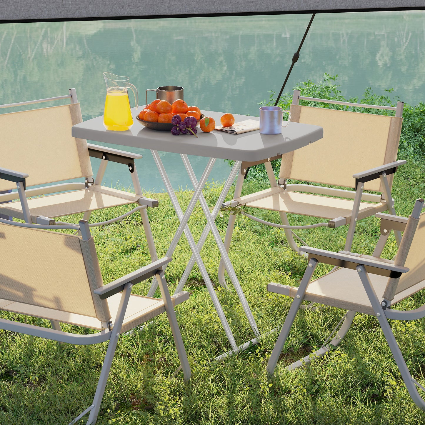 Portable Patio Side Table, Height Adjustable Outdoor Side Table, Folding Balcony Table with Metal Frame, Dark Grey