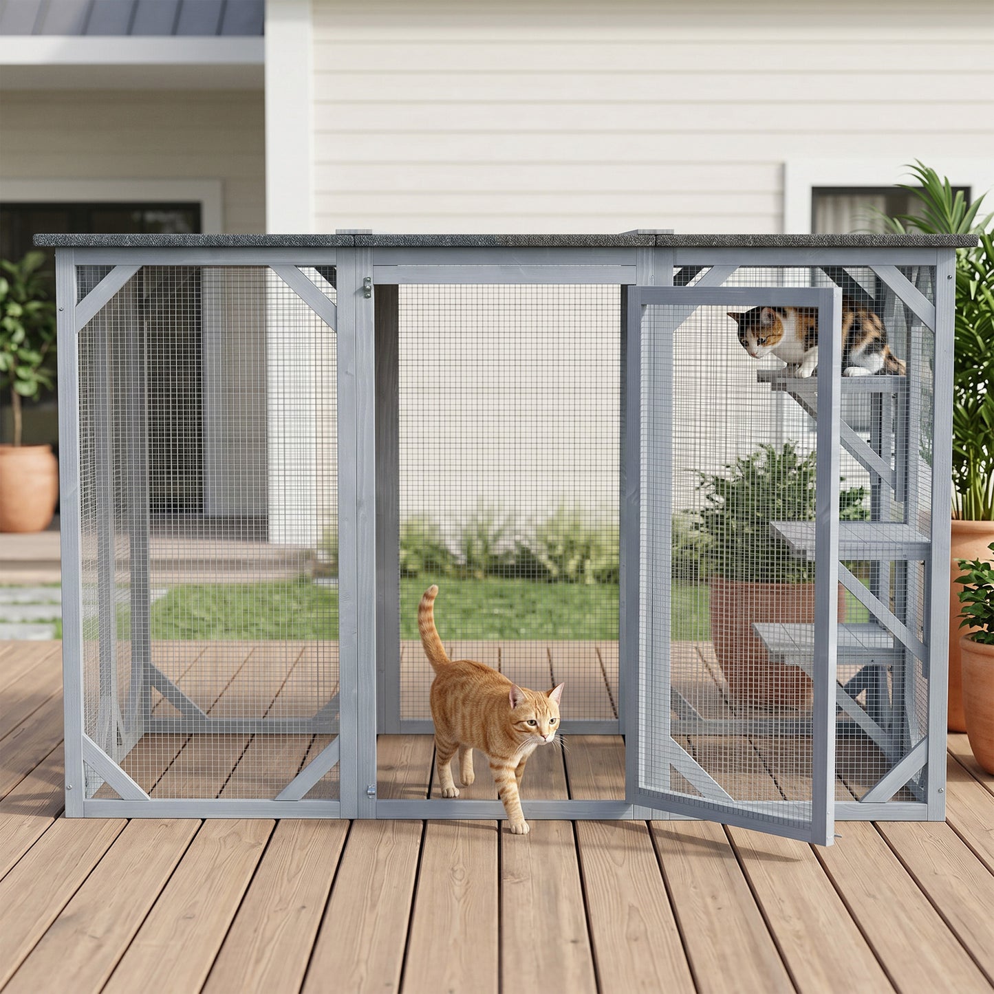 44.1" H Cat Cage, Indoor Outdoor Wooden Enclosure Pet House, Small Animal Cage Hutch, Suitable for Rabbit, Dogs, Kitten, Crate Kennel with Waterproof Roof, Multi-Level Platforms, Lock, Grey