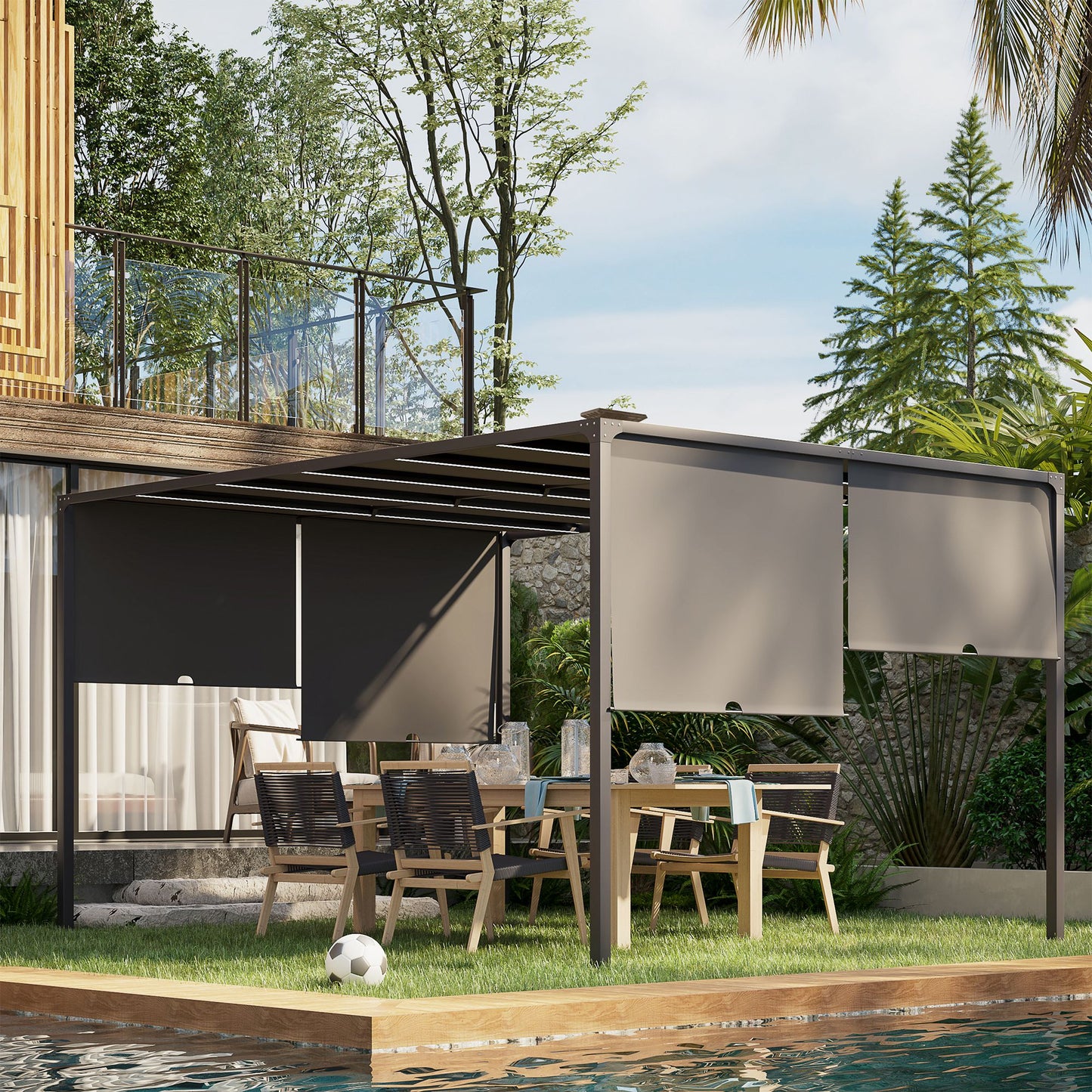 10' x 13' Outdoor Patio Pergola with Sliding Roof, LED Lights, Solar Powered for Garden, Lawn, Backyard, Dark Grey