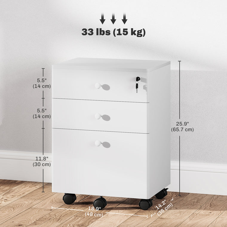 3-Drawer Filing Cabinet with Lock and Wheels - White