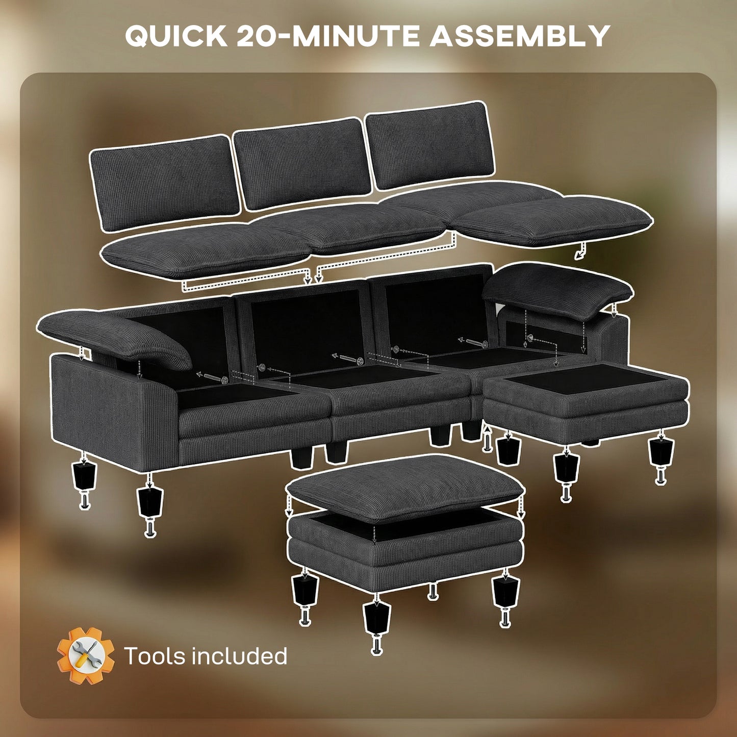 Deep-Seat L-Shape Sectional Sofa with Storage Ottoman - Dark Grey