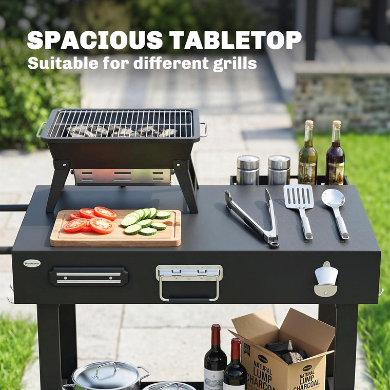 Black Folding Grill Cart with Knife Holder & Spice Rack