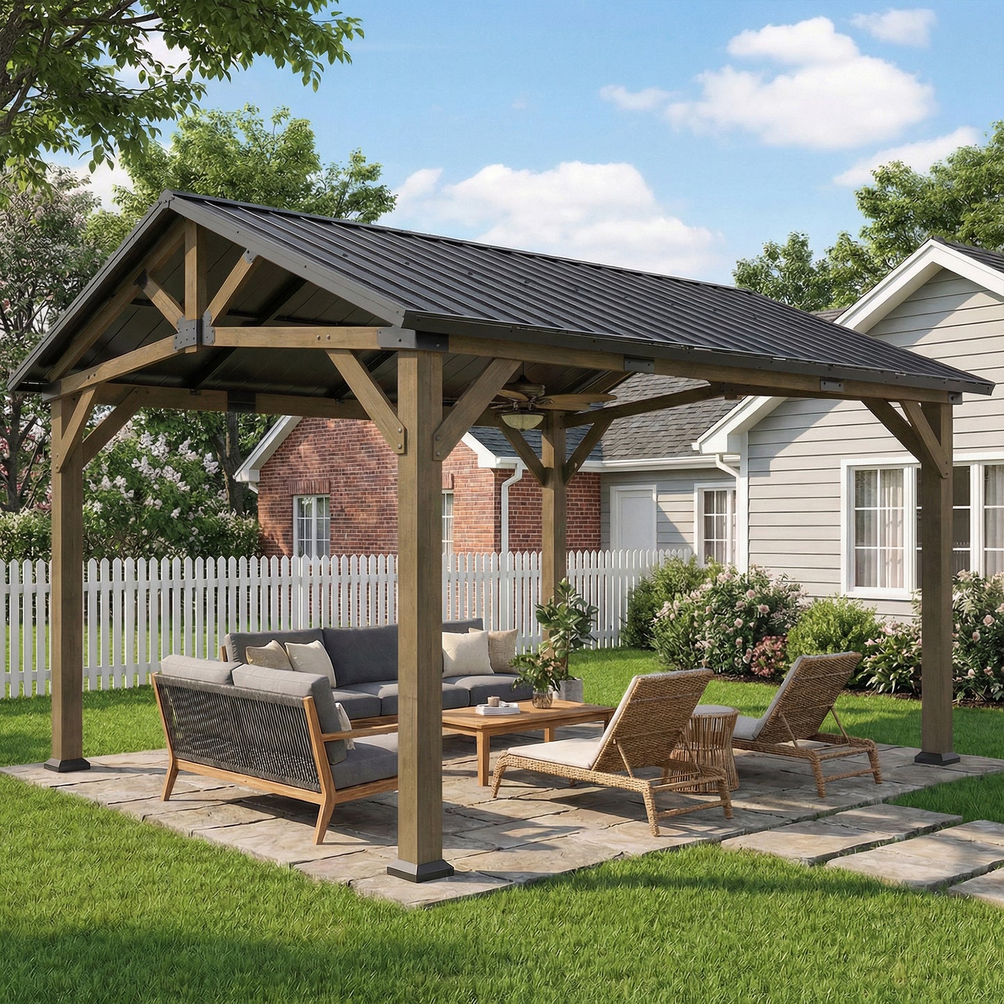 13' x 11' Hardtop Gazebo Canopy with Galvanised Metal Roof, Fir Wood Frame and Central Hook for Patio, Black Grey
