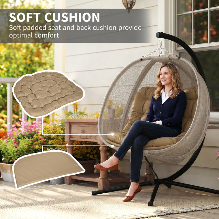 Double Egg Chair with Stand, Cushion and Pockets - Khaki