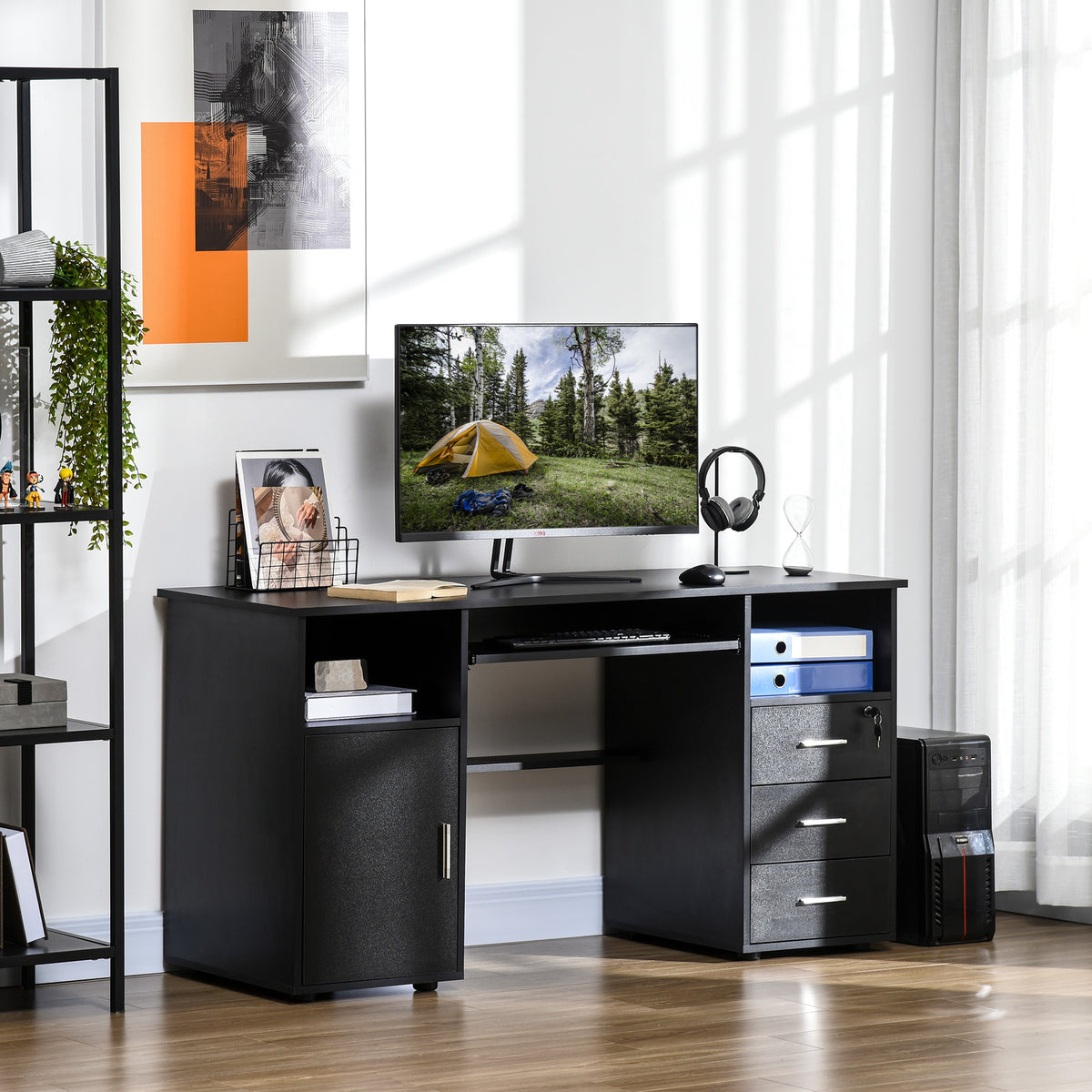 57" Computer Desk with Drawers, Home Office Desk with Keyboard Tray, Open Shelves and Lockable Drawer, Writing Workstation for Study, Black