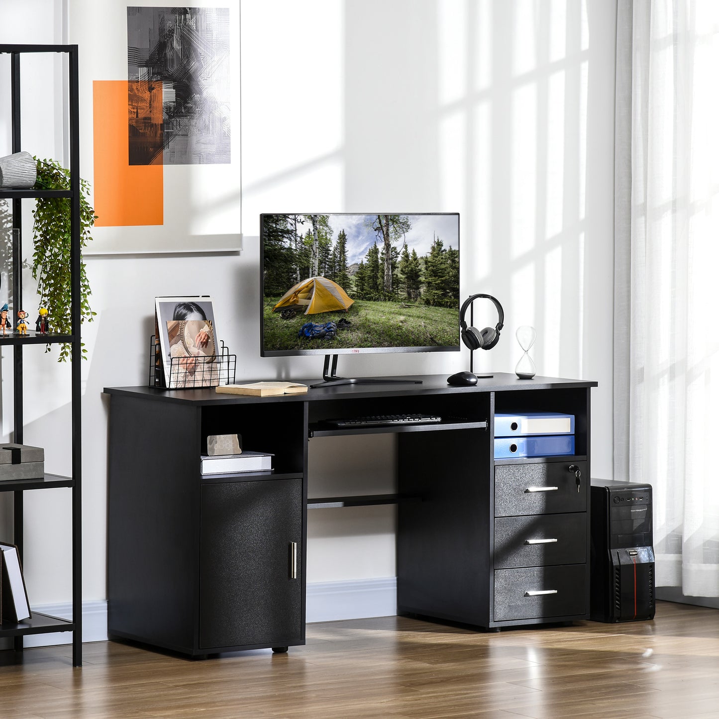 57" Computer Desk with Drawers, Home Office Desk with Keyboard Tray, Open Shelves and Lockable Drawer, Writing Workstation for Study, Black