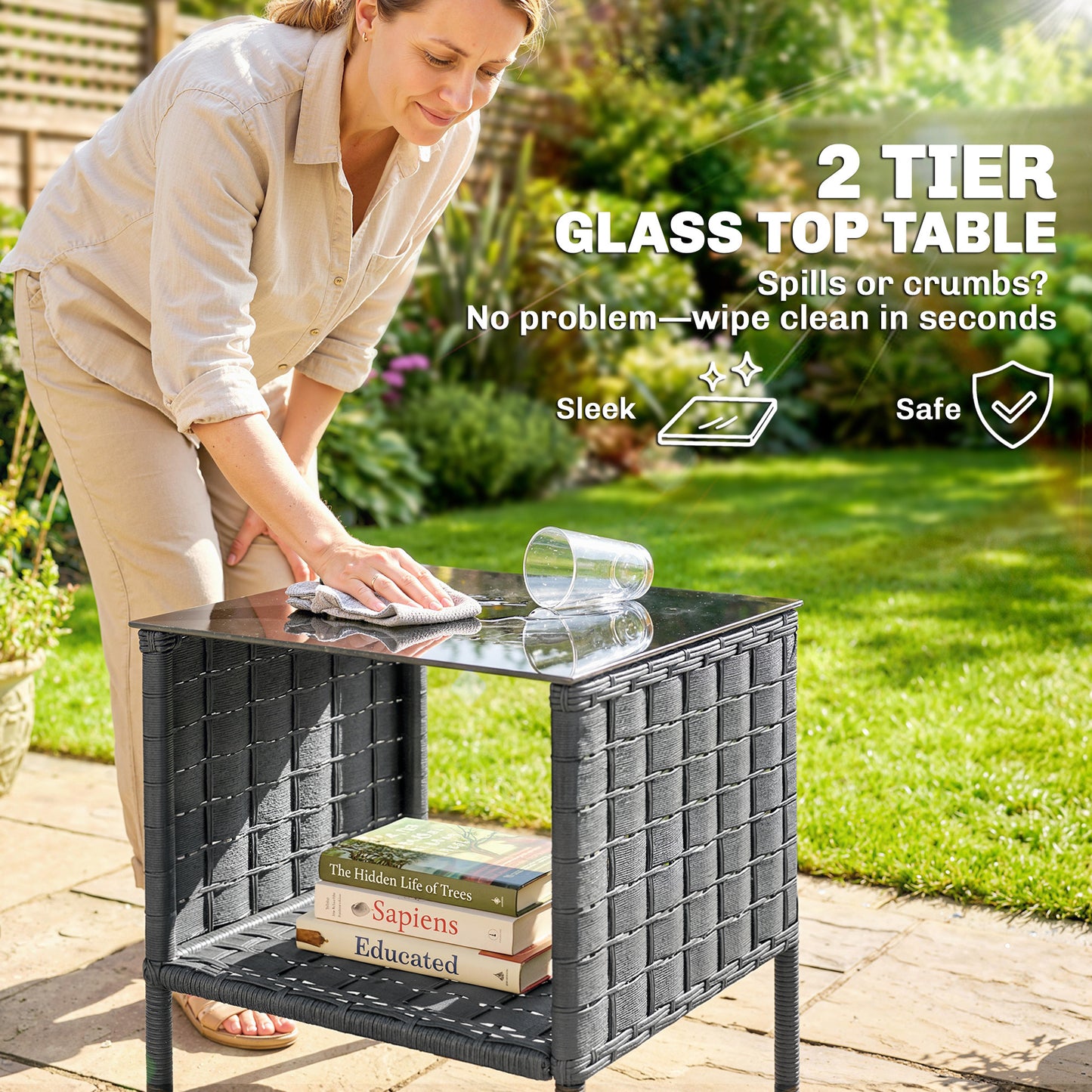 3 Pieces Rocking Bistro Set Outdoor Patio Furniture Set with Side Pockets, Mesh Seat, Cushions, 2-Tier Table, Grey