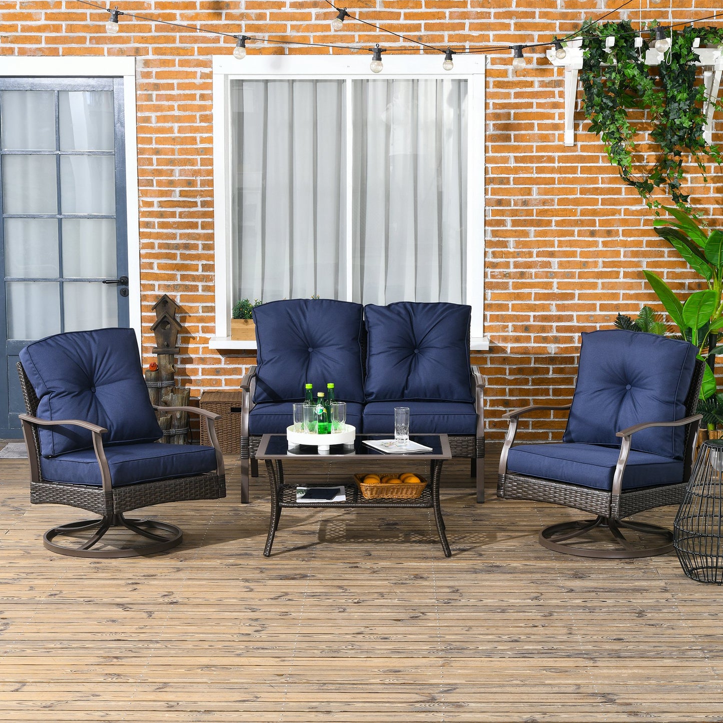 4 Pcs Wicker Sofa Set with 2 Swivel Chairs Patio Furniture Set w/ Two Tier Tea Table & Cushions, Navy Blue
