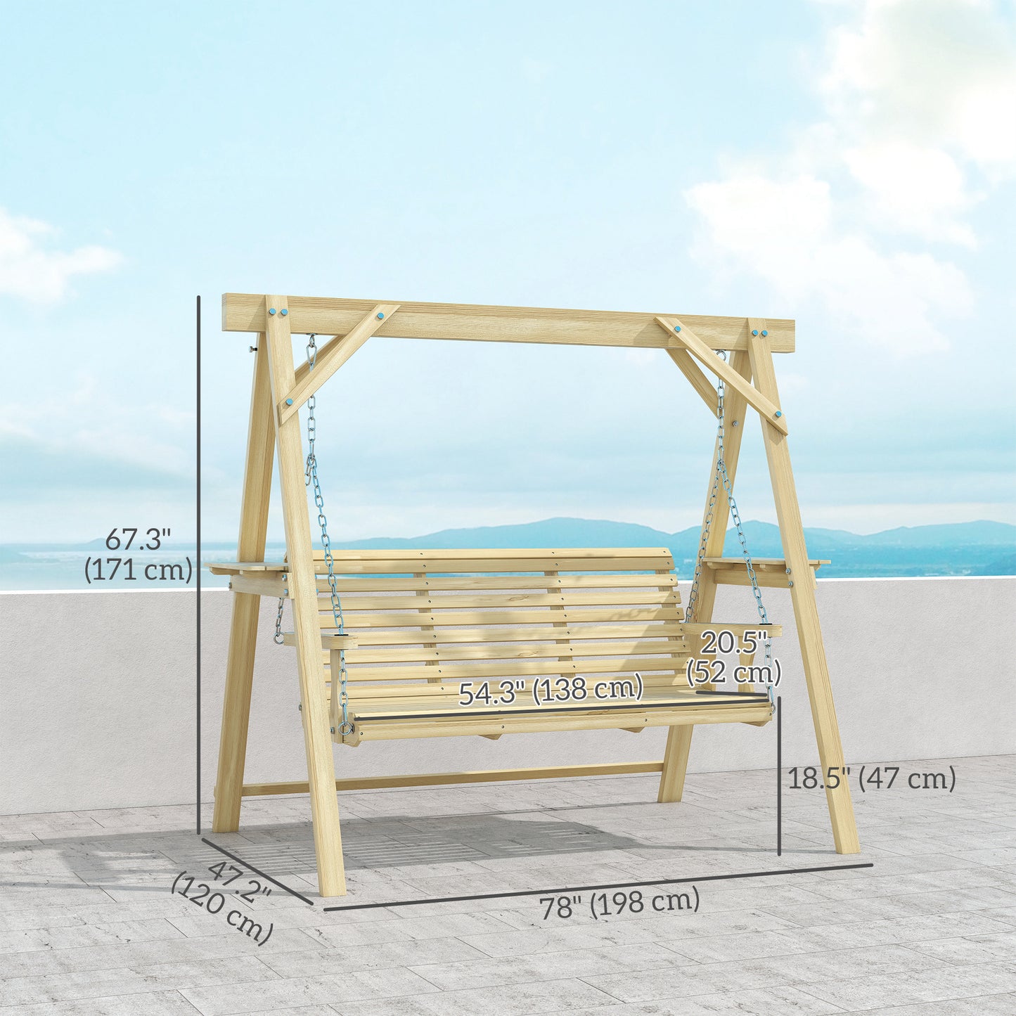 3 Seat Wooden Porch Swing with Stand, Patio Swing with Side Tables, for Garden, Poolside, Backyard, Natural Wood