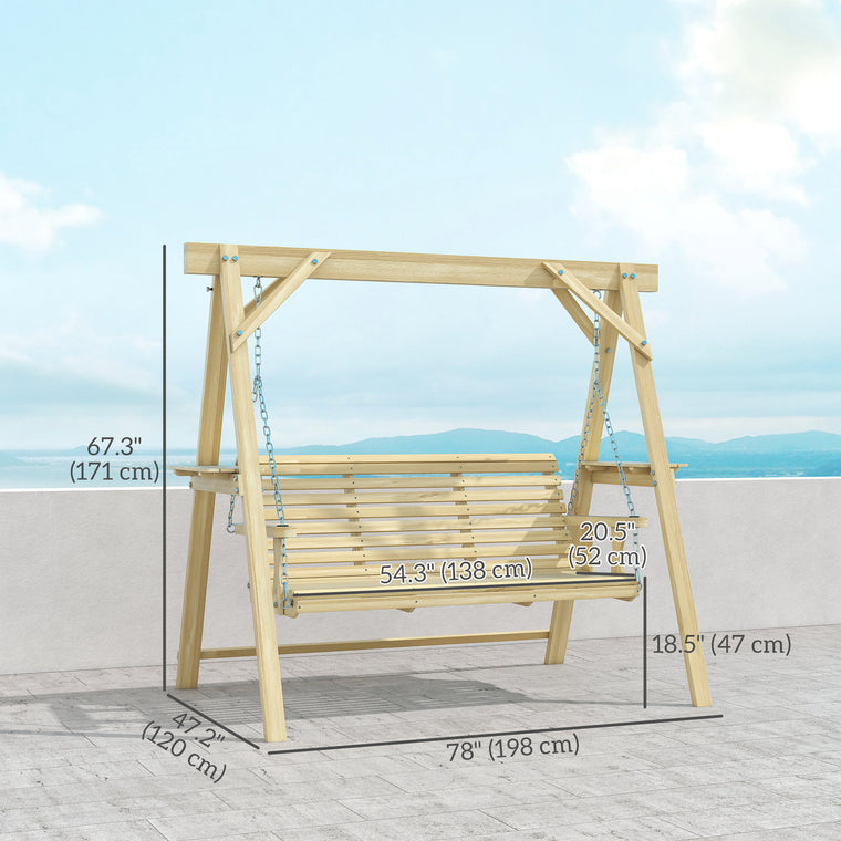 3-Seat Wooden Porch Swing with Stand and Side Tables