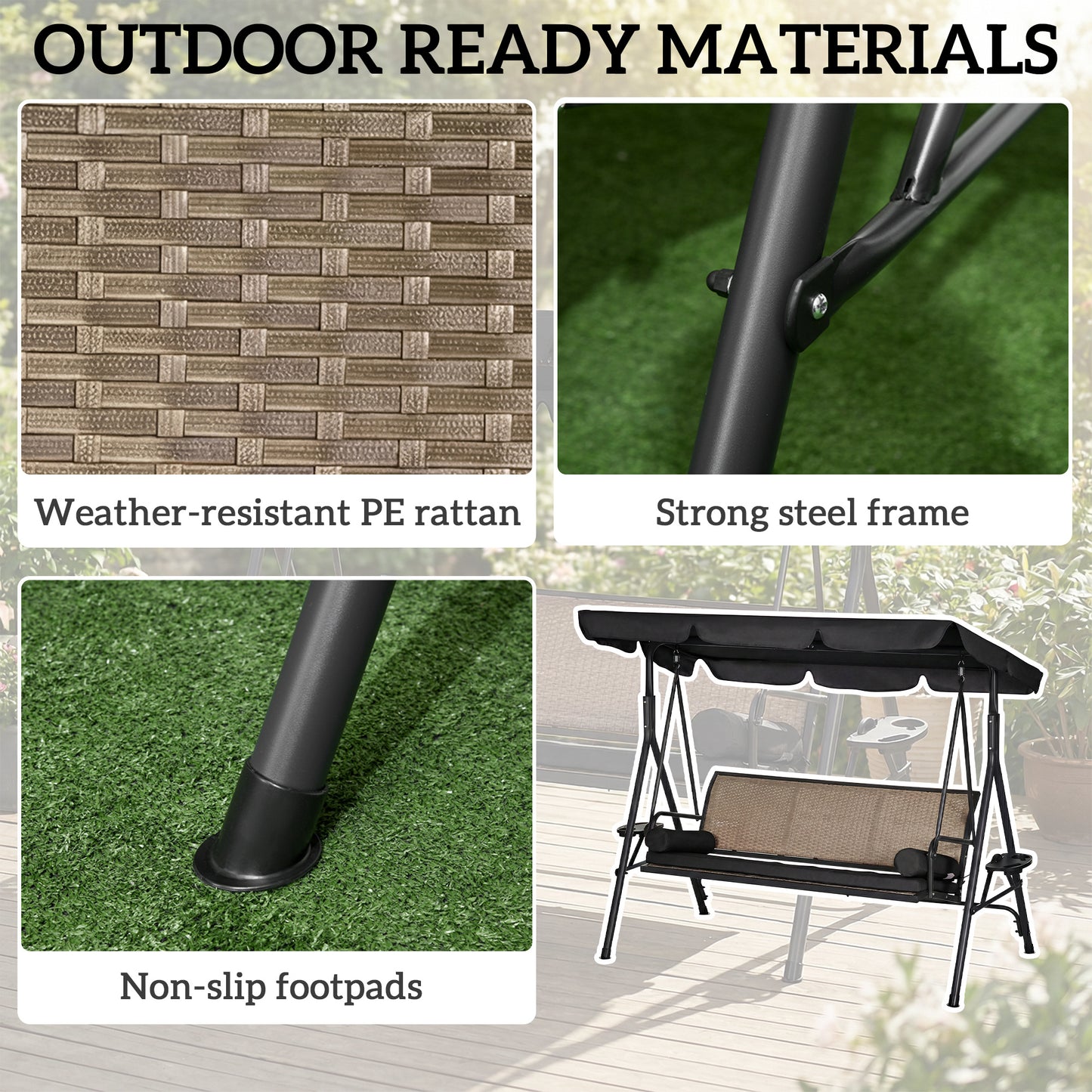Outdoor 3-Seat Porch Swing with Canopy, Rattan Seat, Removable Cushion, Pillows and Steel Frame