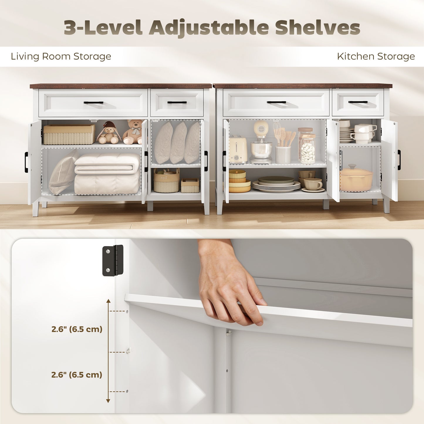 Sideboard Buffet Cabinet, 44" Farmhouse Kitchen Cabinet with 3 Chevron Doors, 2 Drawers and 2 Adjustable Shelves, White
