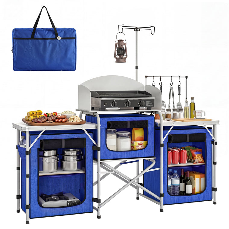 Blue Aluminum Folding Camping Kitchen Table with Cupboards