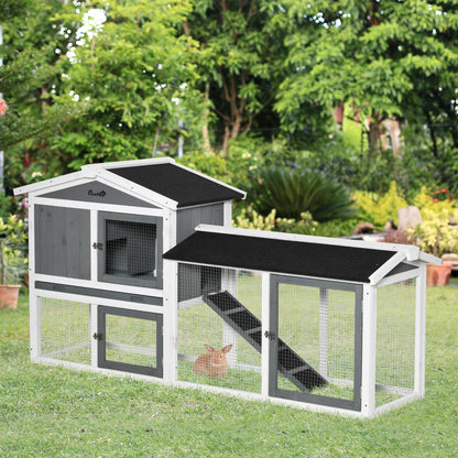 69" White Wooden Rabbit Hutch with Run & Slide-Out Tray