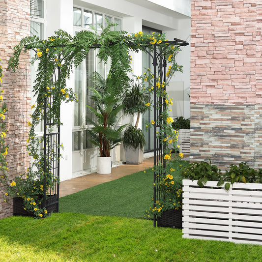 Metal Garden Arch Outdoor Walkway Arbor, 74.75" x 19.75" x 82.75", Dark Grey