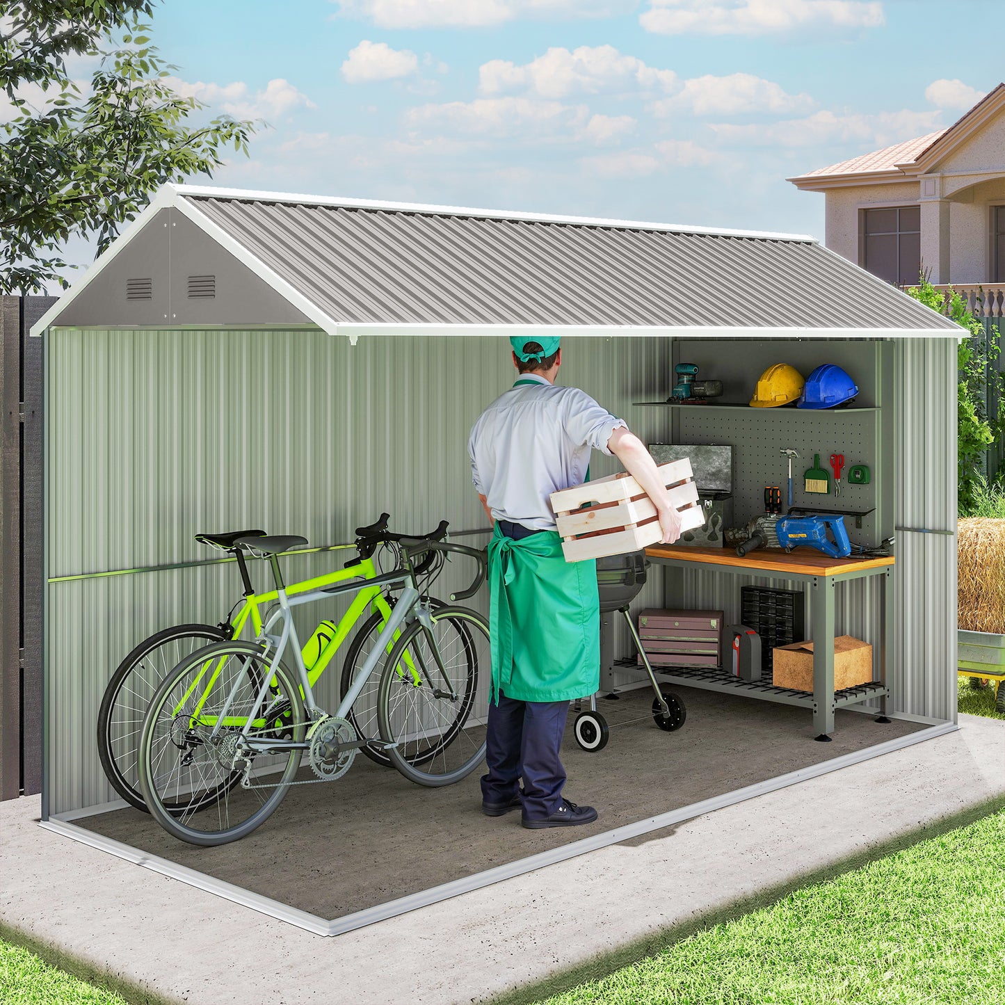 Metal Garden Storage Shed, Outdoor Tool Storage House with Lockable Door, Vents, Sloped Roof, Light Grey