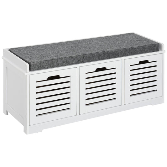 3-Drawer Shoe Storage Bench with Cushion - White