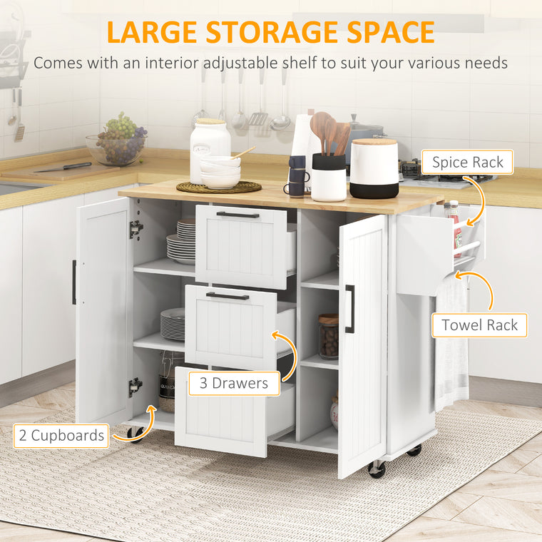 Rolling Kitchen Cart with Drop Leaf and 3 Drawers - White