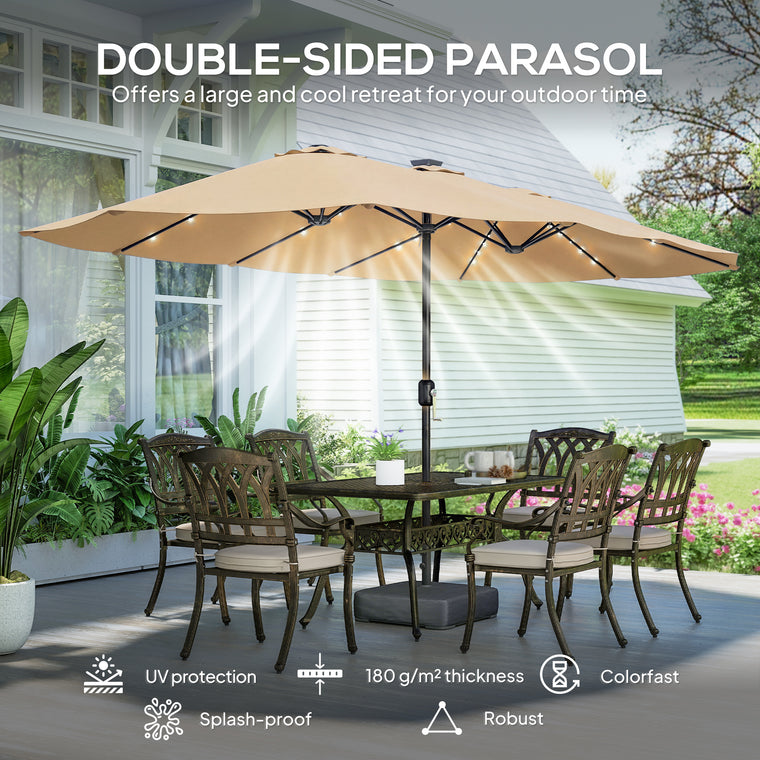 Double-sided Patio Umbrella with Base Included & 48 LED Lights 15ft Khaki