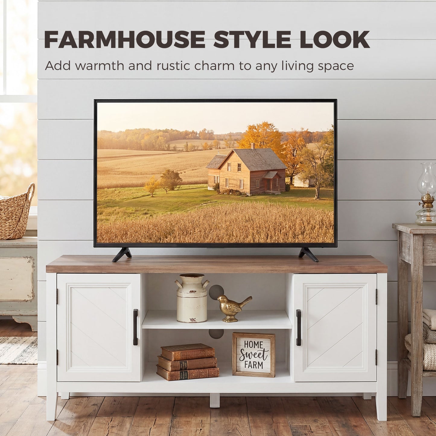 TV Stand for TVs up to 55 Inch, Entertainment Center with 2 Open Shelves, 2 Cabinets, Thick Top, White and Brown