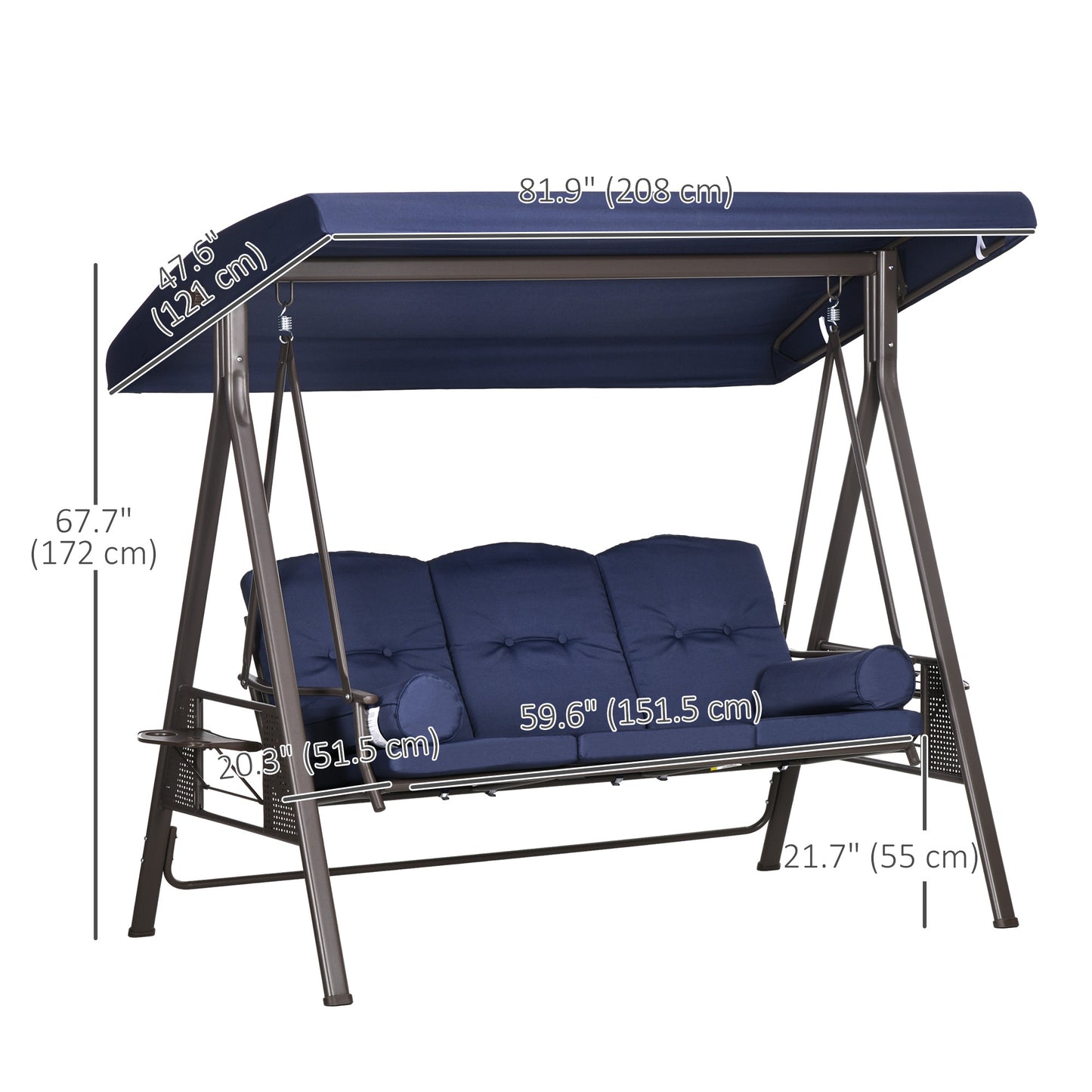 Outdoor Patio 3-Person Steel Canopy Cushioned Seat Bench Swing with Included Side Trays & Padded Comfort, Wine Red