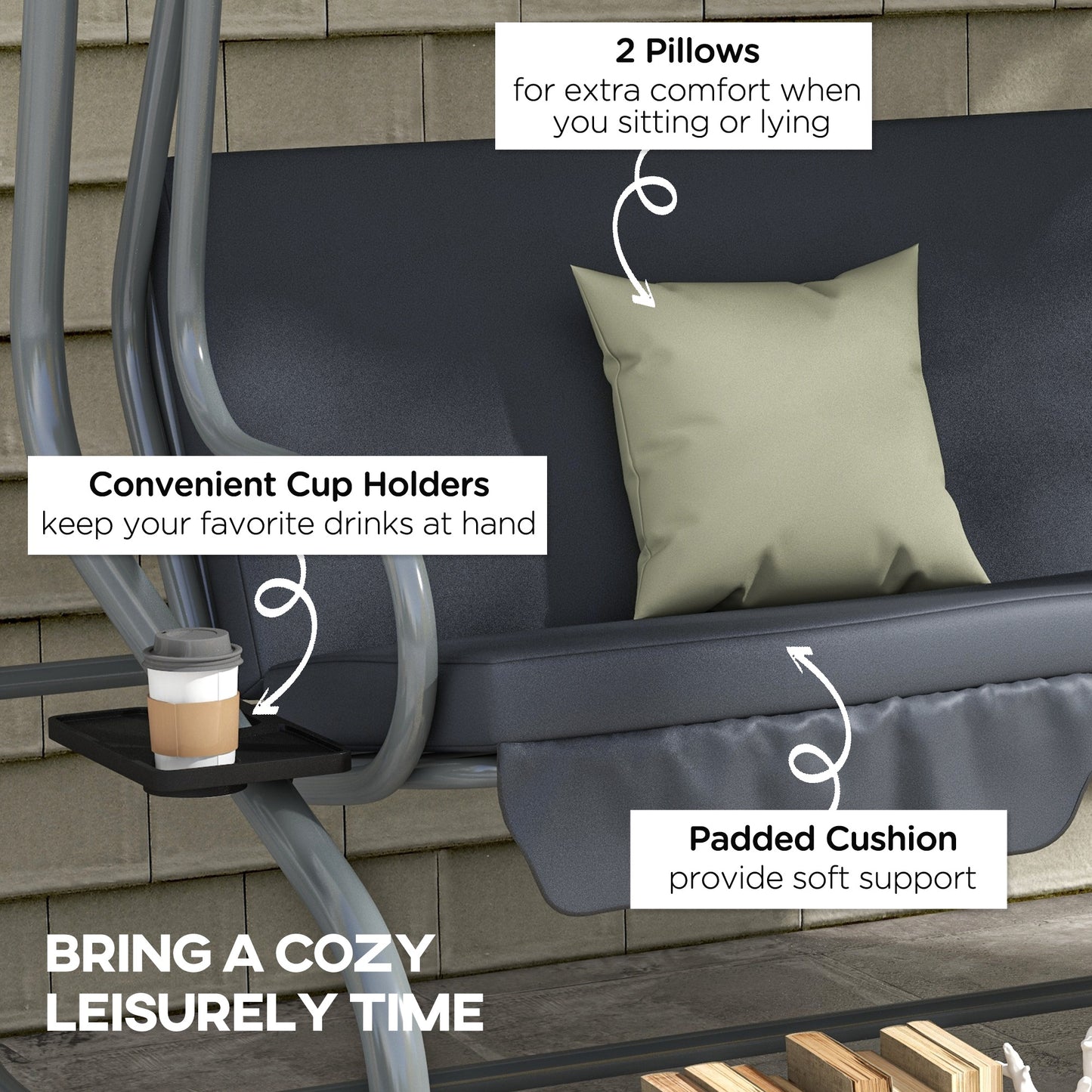 Outdoor 3-Seater Patio Swing Chair, Outdoor Swing Seat, with Adjustable Canopy and Two Pillows for Garden, Light Grey