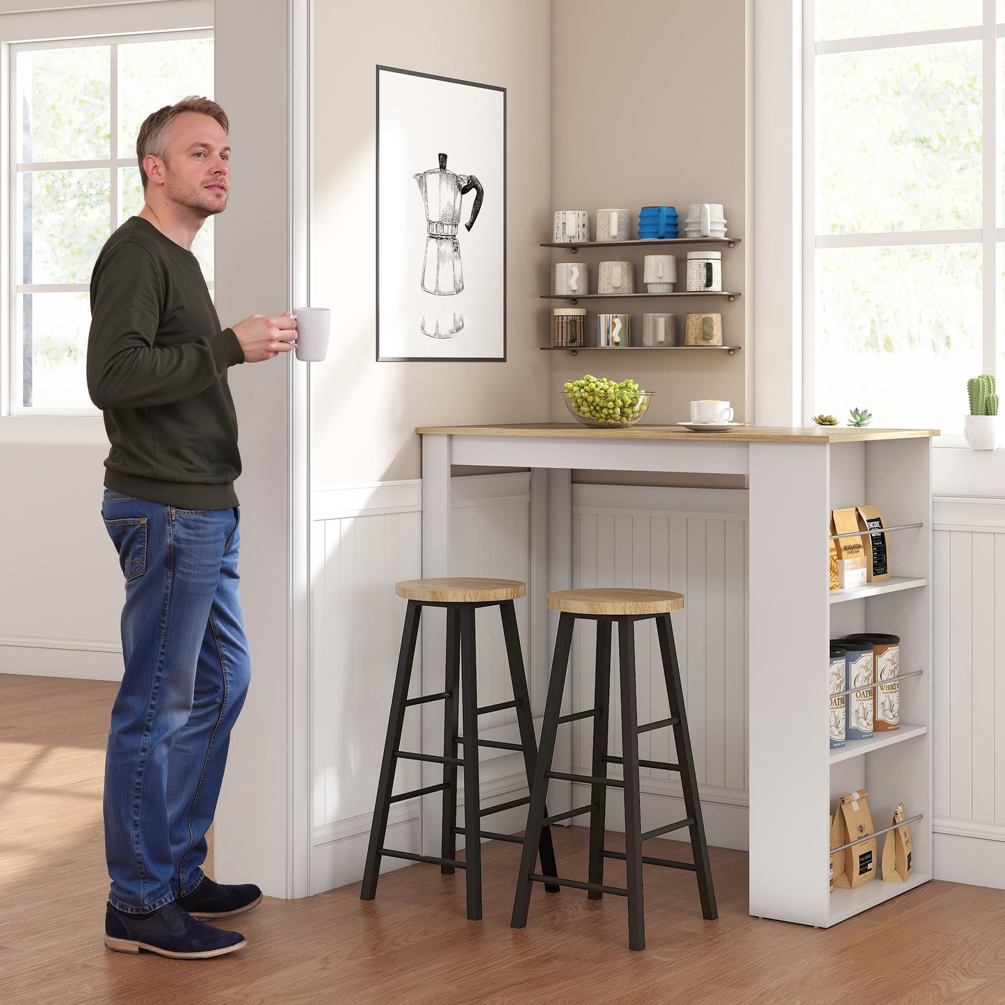 Bar Table Counter Height Dining Table with 3 Storage Shelves for Kitchen, Dining Room, Living Room, White